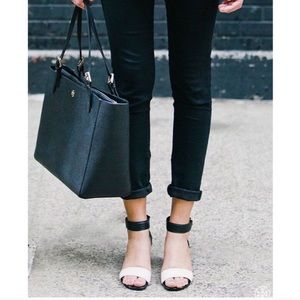 • TORY BURCH TANA SANDAL BOXED HEELS •
